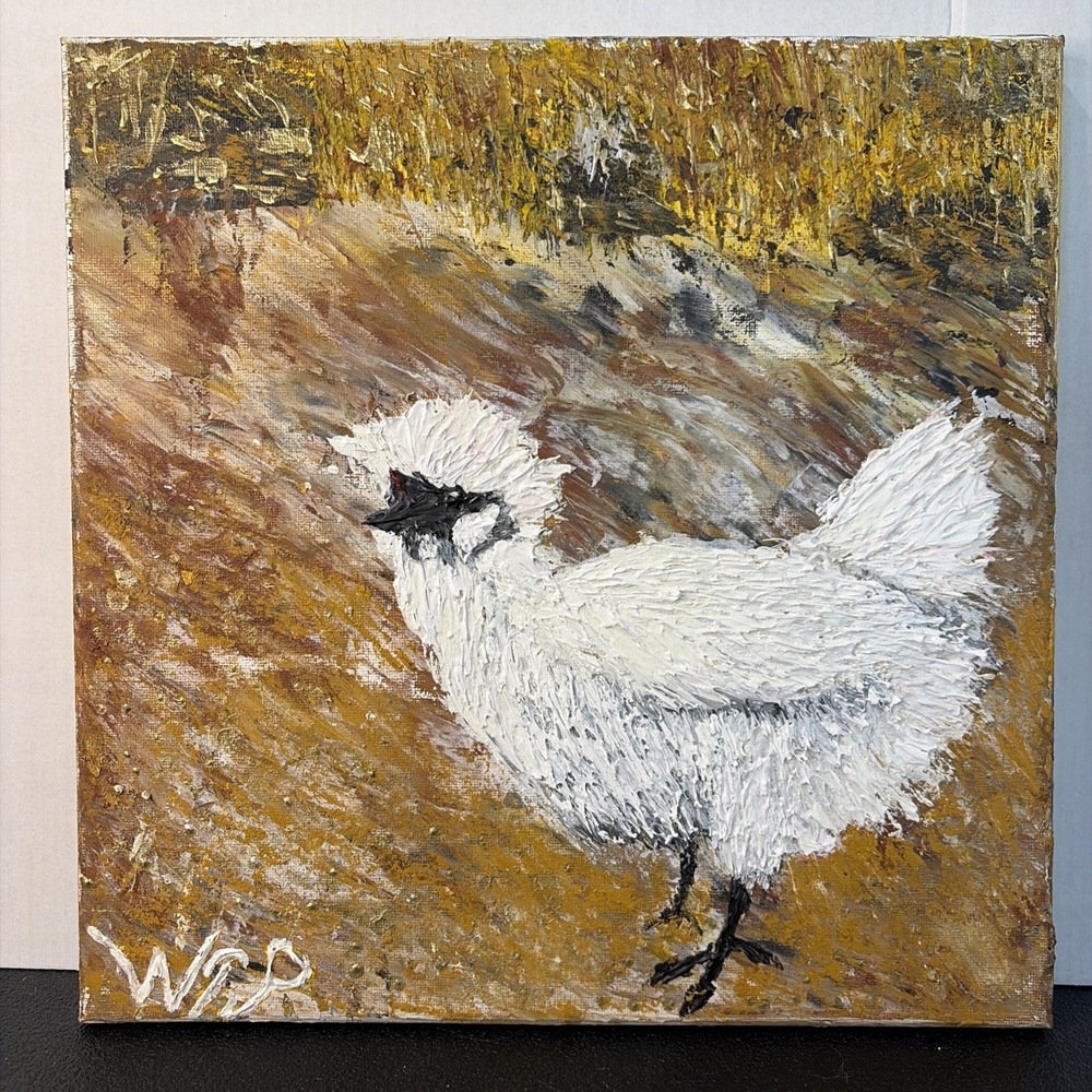 Original Painting Of Silkie Chicken 12"x 12" Acrylic Whimsical Art Textured